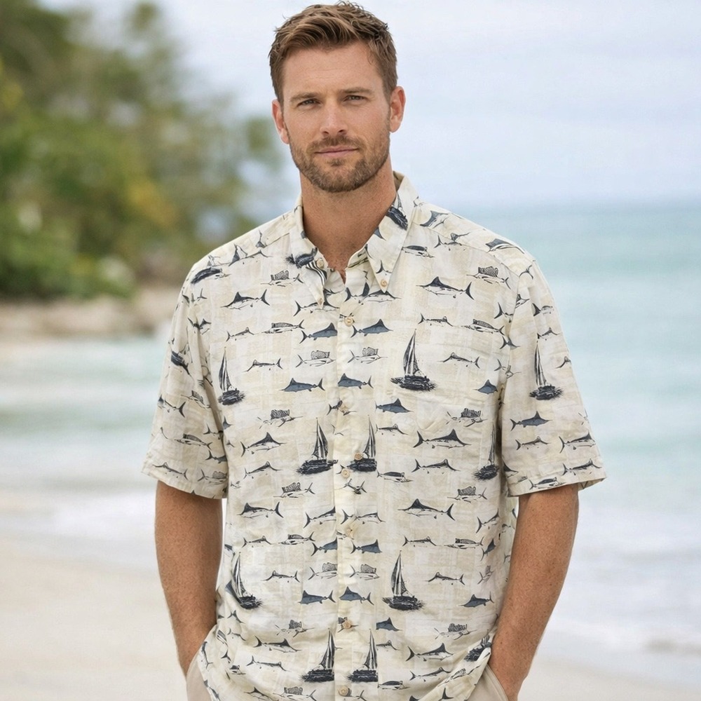 Crossings‎ Swordfish Boats Button Up Shirt Nautical Men's Size XL Cream Blue